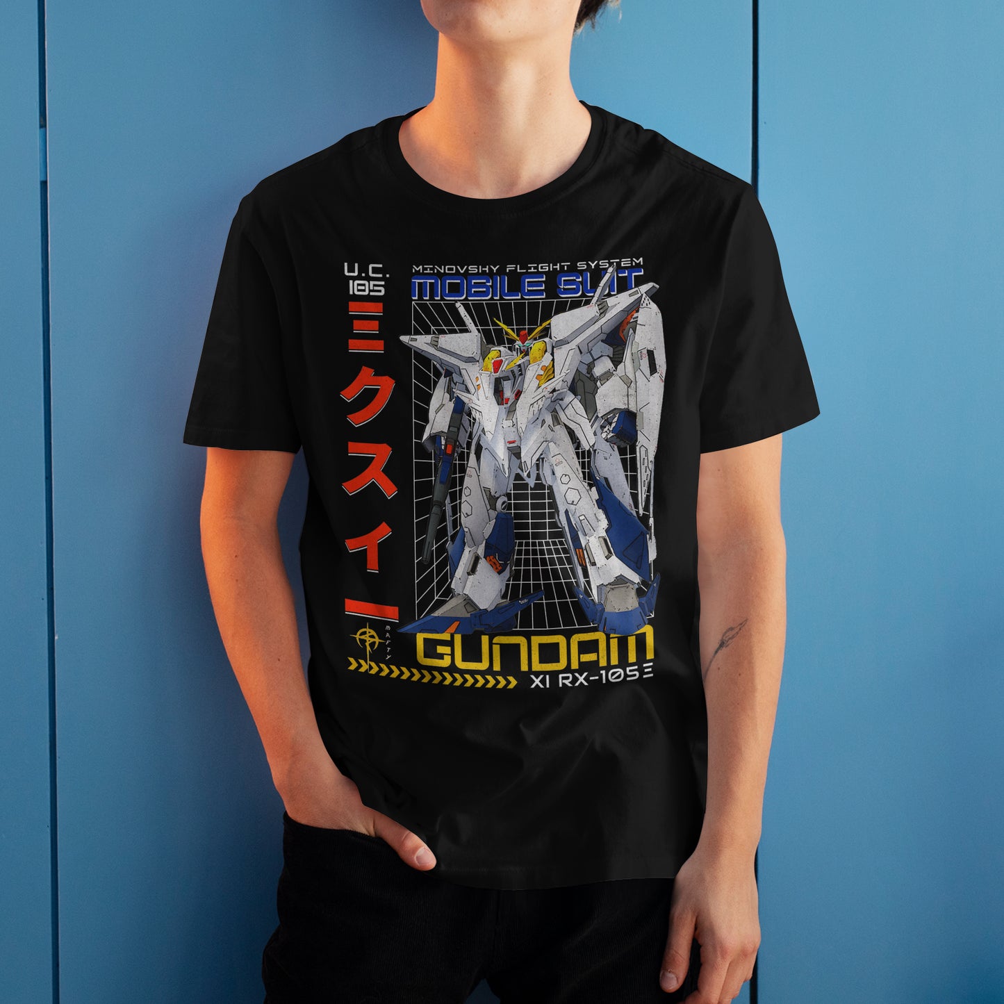 Gundam RX-105E T-Shirt Minovsky Flight System Mecha Anime Graphic Tee U.C. 105 Design