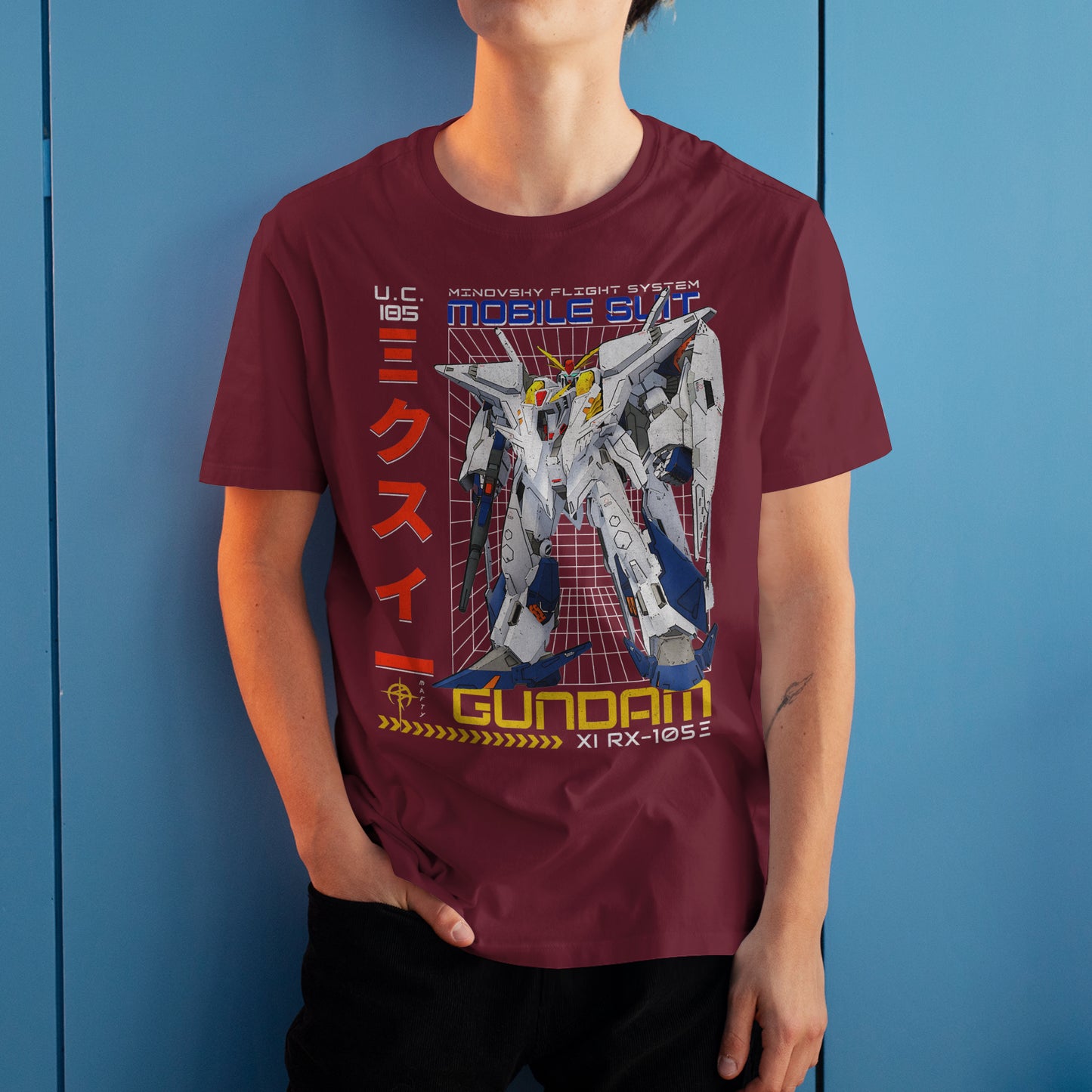 Gundam RX-105E T-Shirt Minovsky Flight System Mecha Anime Graphic Tee U.C. 105 Design