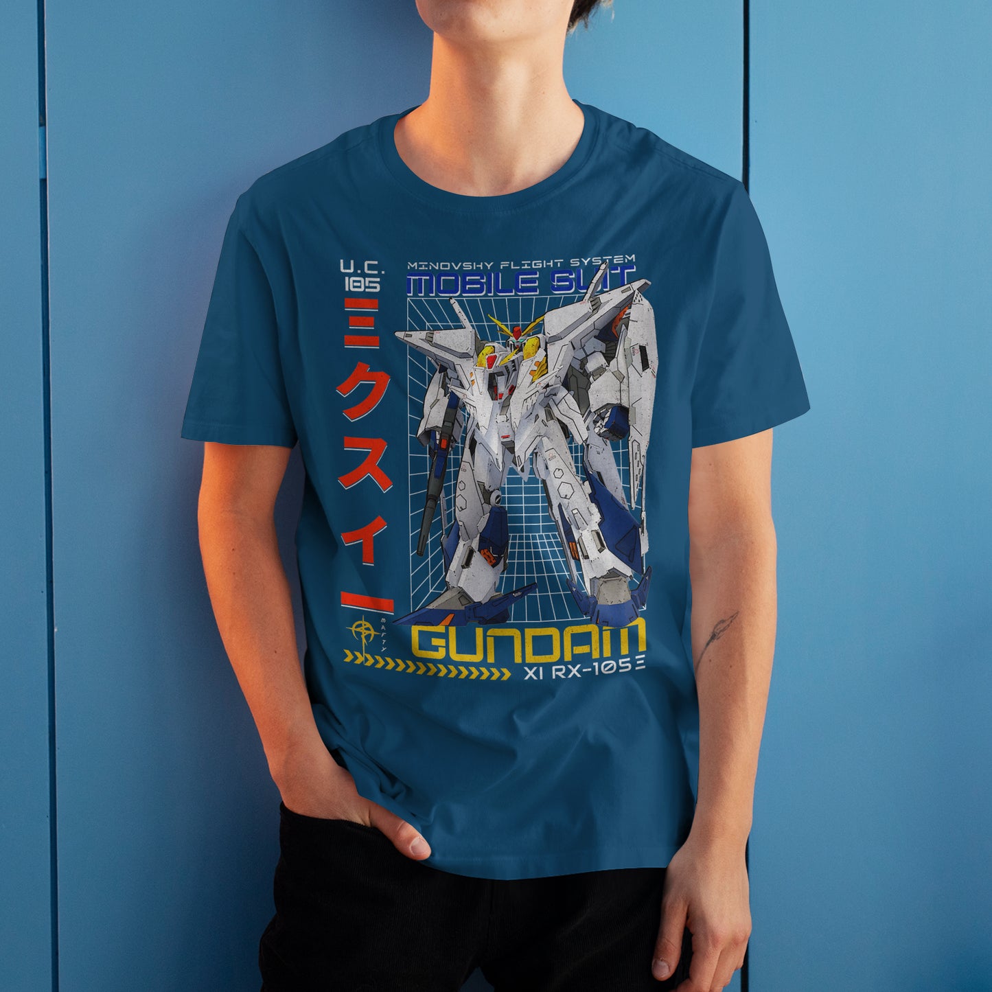 Gundam RX-105E T-Shirt Minovsky Flight System Mecha Anime Graphic Tee U.C. 105 Design