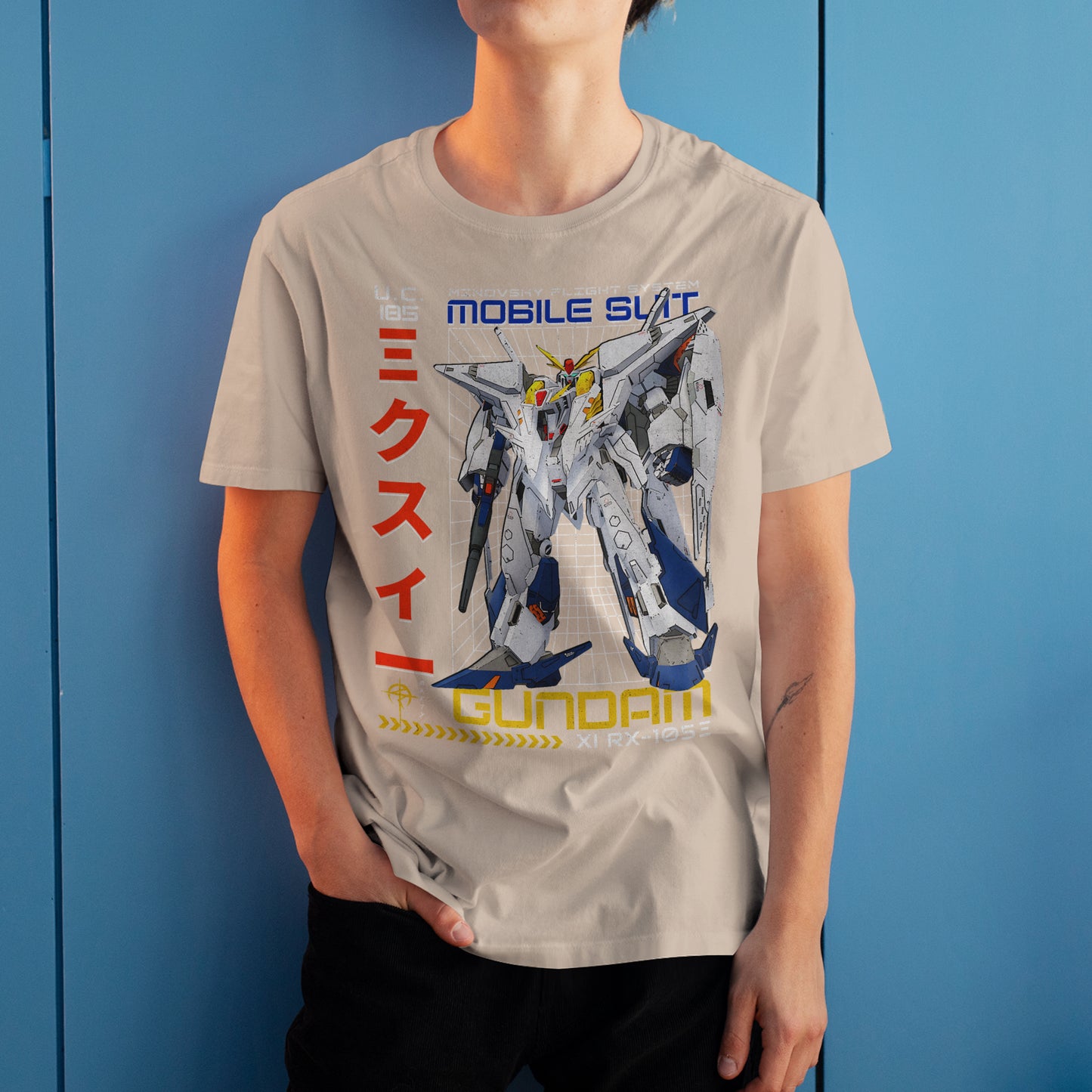 Gundam RX-105E T-Shirt Minovsky Flight System Mecha Anime Graphic Tee U.C. 105 Design