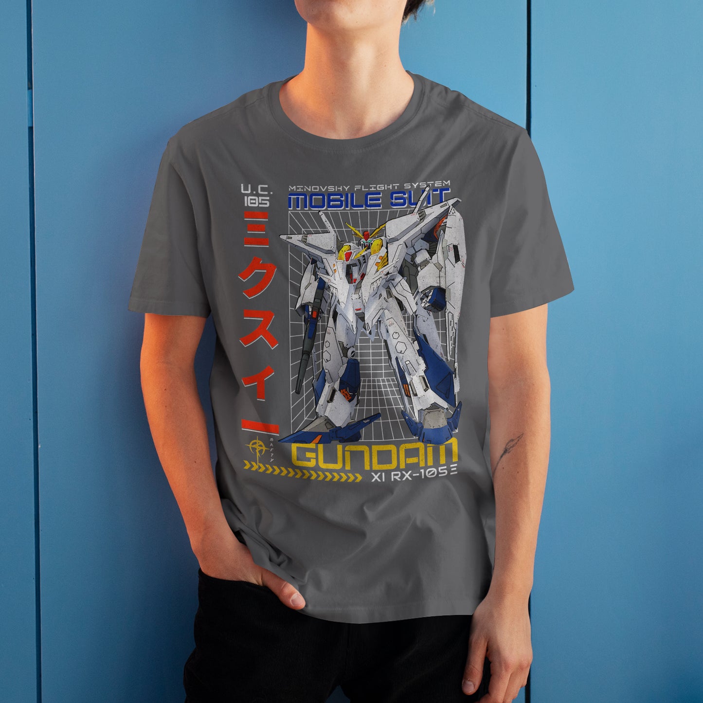 Gundam RX-105E T-Shirt Minovsky Flight System Mecha Anime Graphic Tee U.C. 105 Design