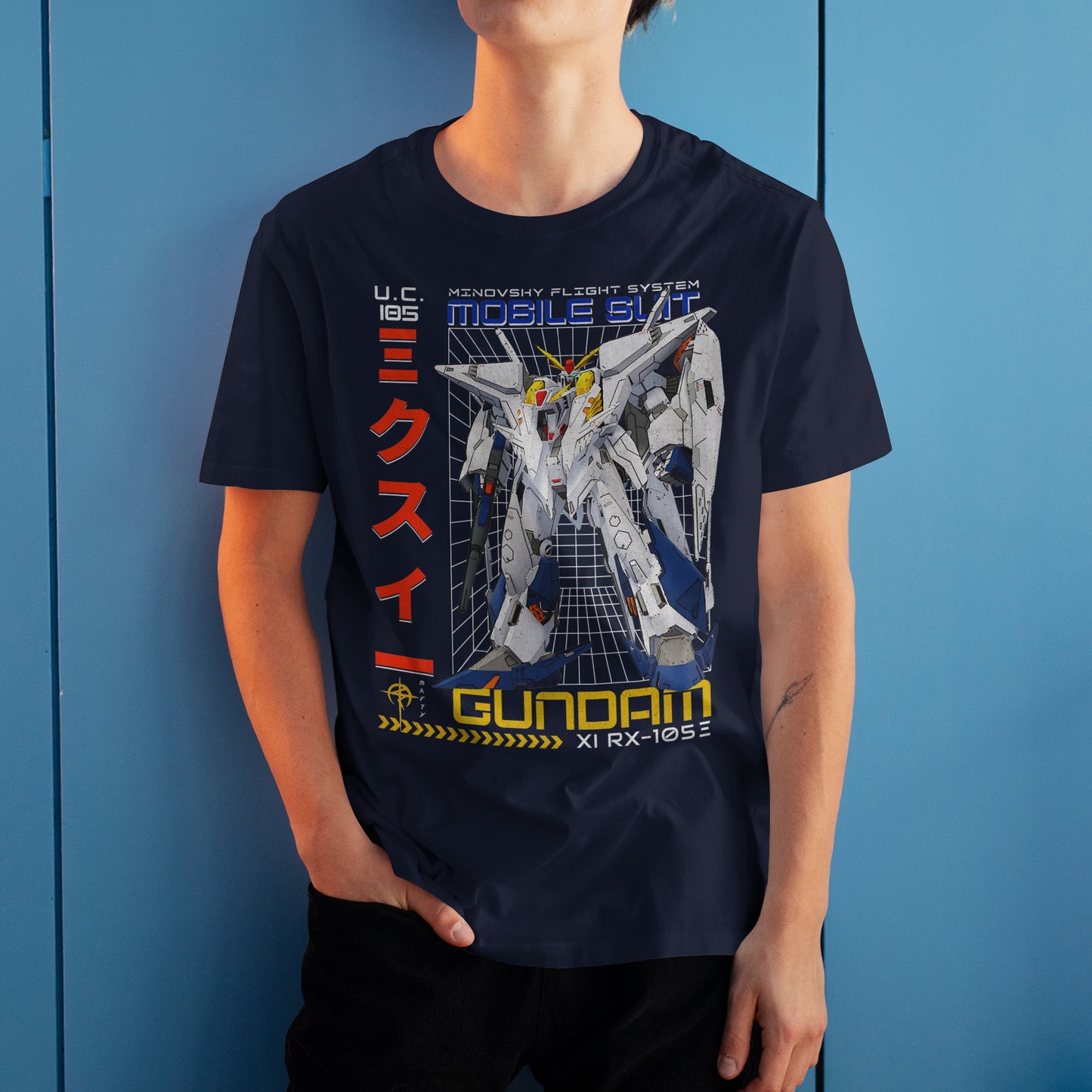Gundam RX-105E T-Shirt Minovsky Flight System Mecha Anime Graphic Tee U.C. 105 Design