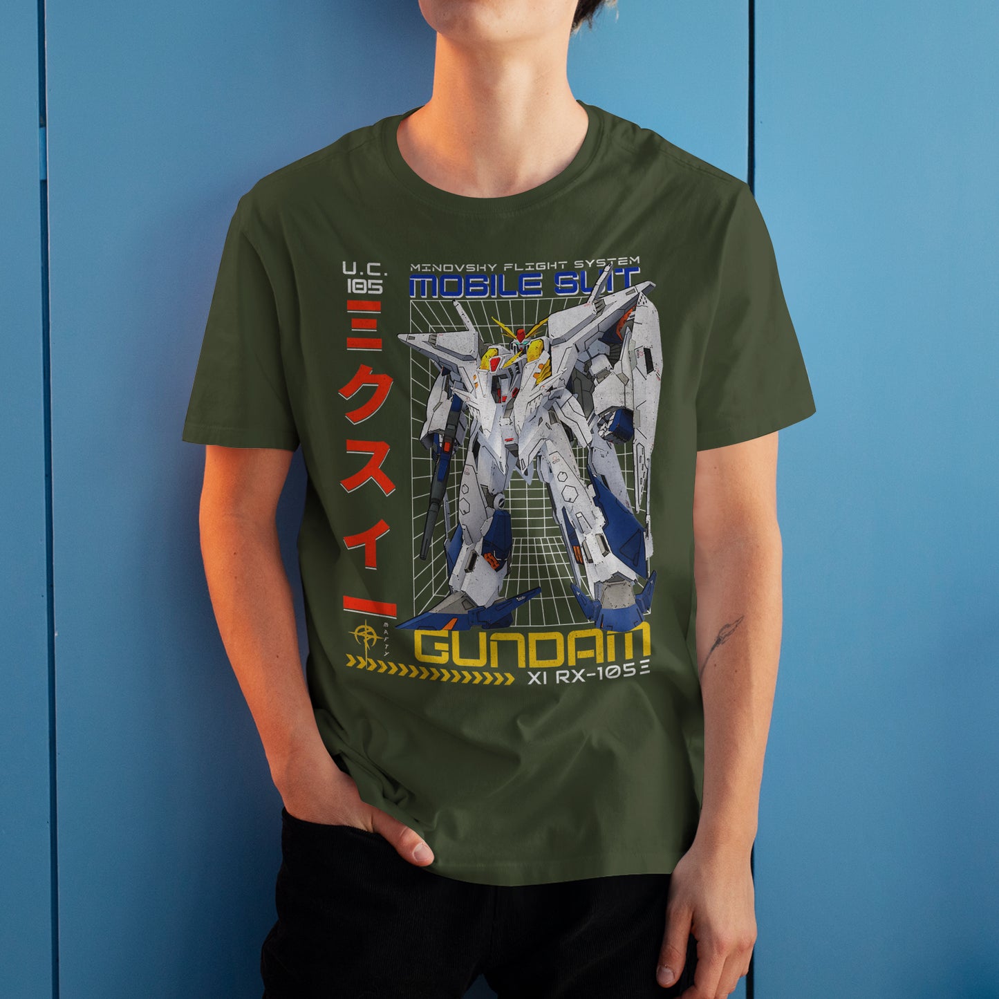 Gundam RX-105E T-Shirt Minovsky Flight System Mecha Anime Graphic Tee U.C. 105 Design