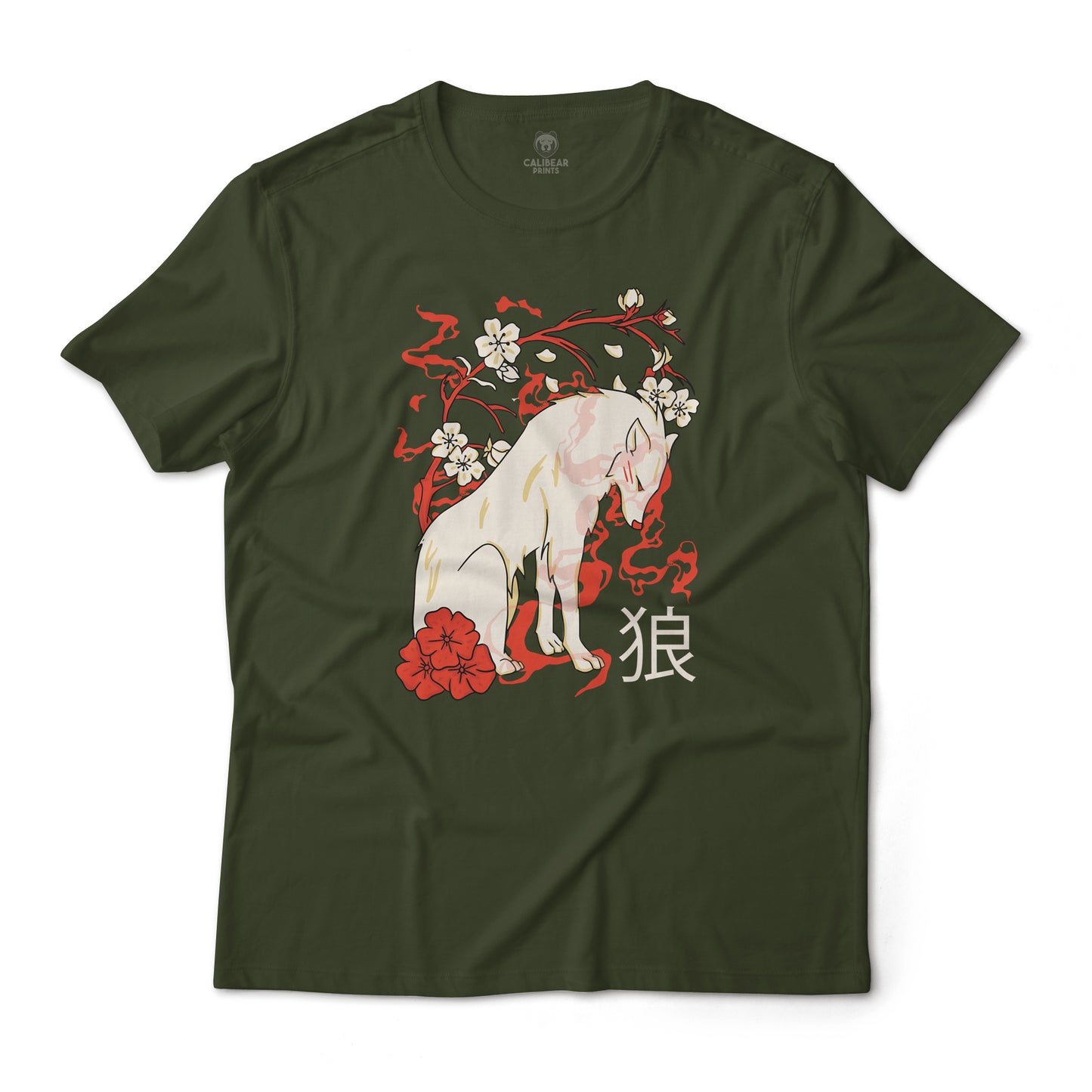 Japanese Floral White Wolf Ōkami Japanese Theme Graphic Tee