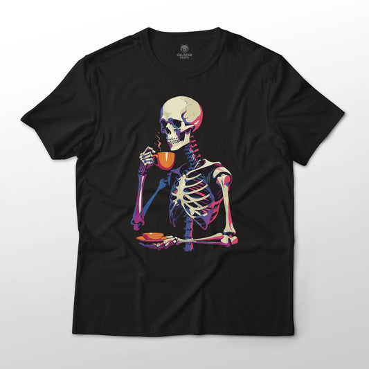 Skeleton Drinking Tea Funny Art Graphic T-Shirt