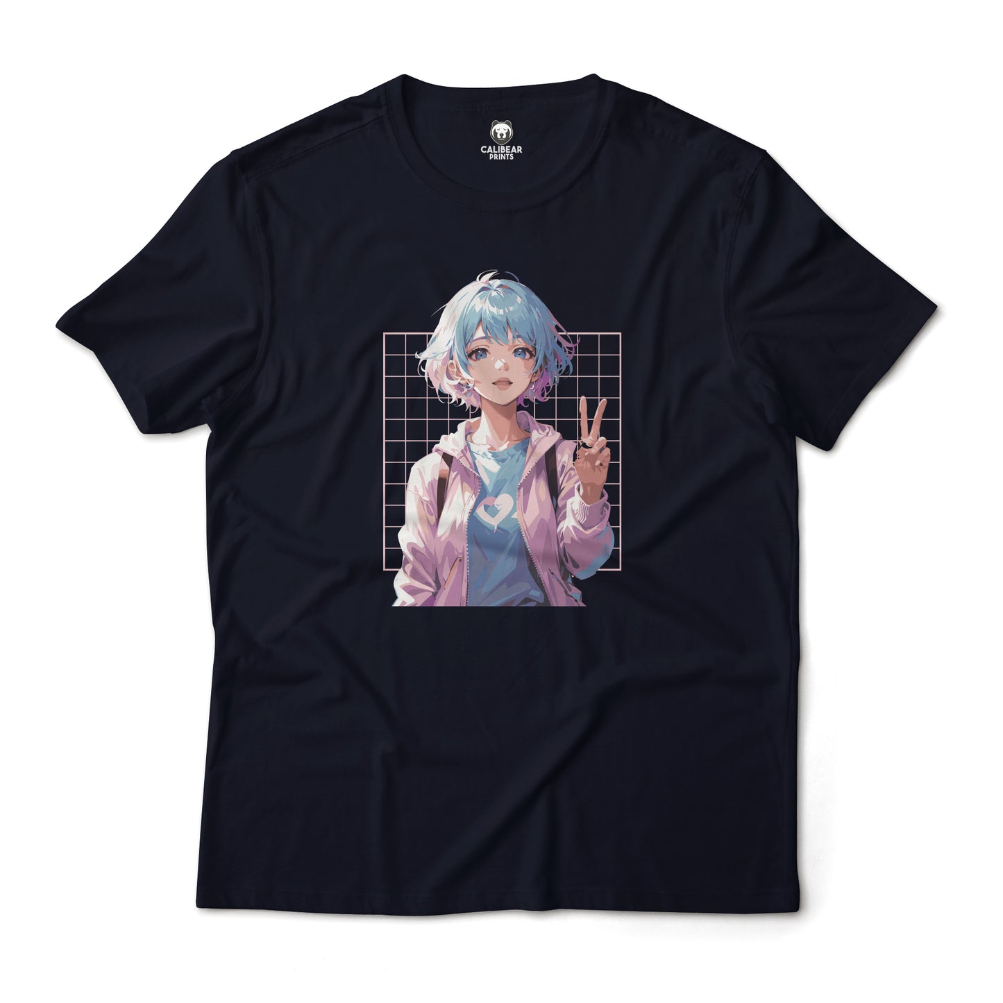 Minimalist Cute Anime Girl Holding A Peace Sign Aesthetic Graphic T-Shirt