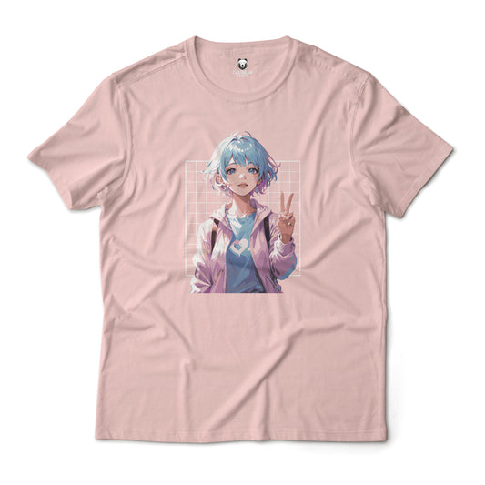 Minimalist Cute Anime Girl Holding A Peace Sign Aesthetic Graphic T-Shirt