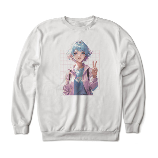 Minimalist Anime Girl Holding A Peace Sign Aesthetic Graphic Sweatshirt