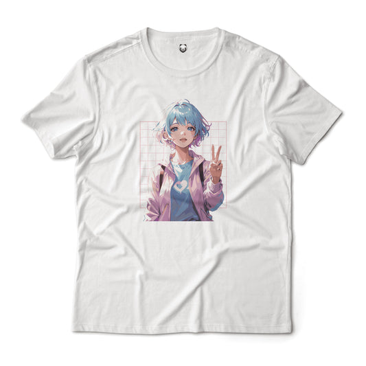 Minimalist Cute Anime Girl Holding A Peace Sign Aesthetic Graphic T-Shirt