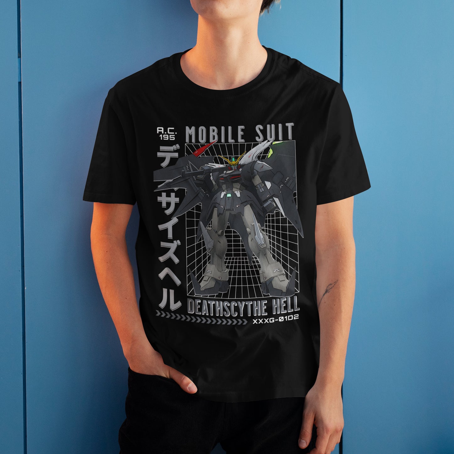 Gundam Deathscythe Hell XXXG-01D2 Retro Anime Mecha Grid Design Graphic Art T-Shirt