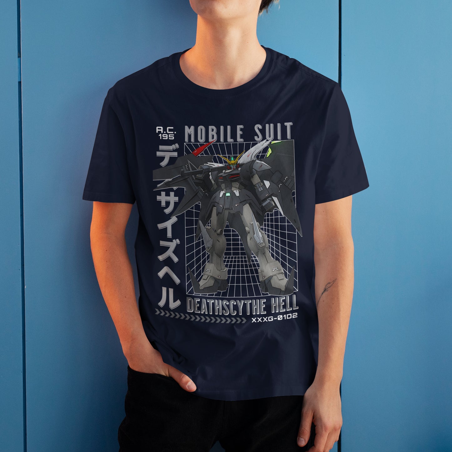 Gundam Deathscythe Hell XXXG-01D2 Retro Anime Mecha Grid Design Graphic Art T-Shirt