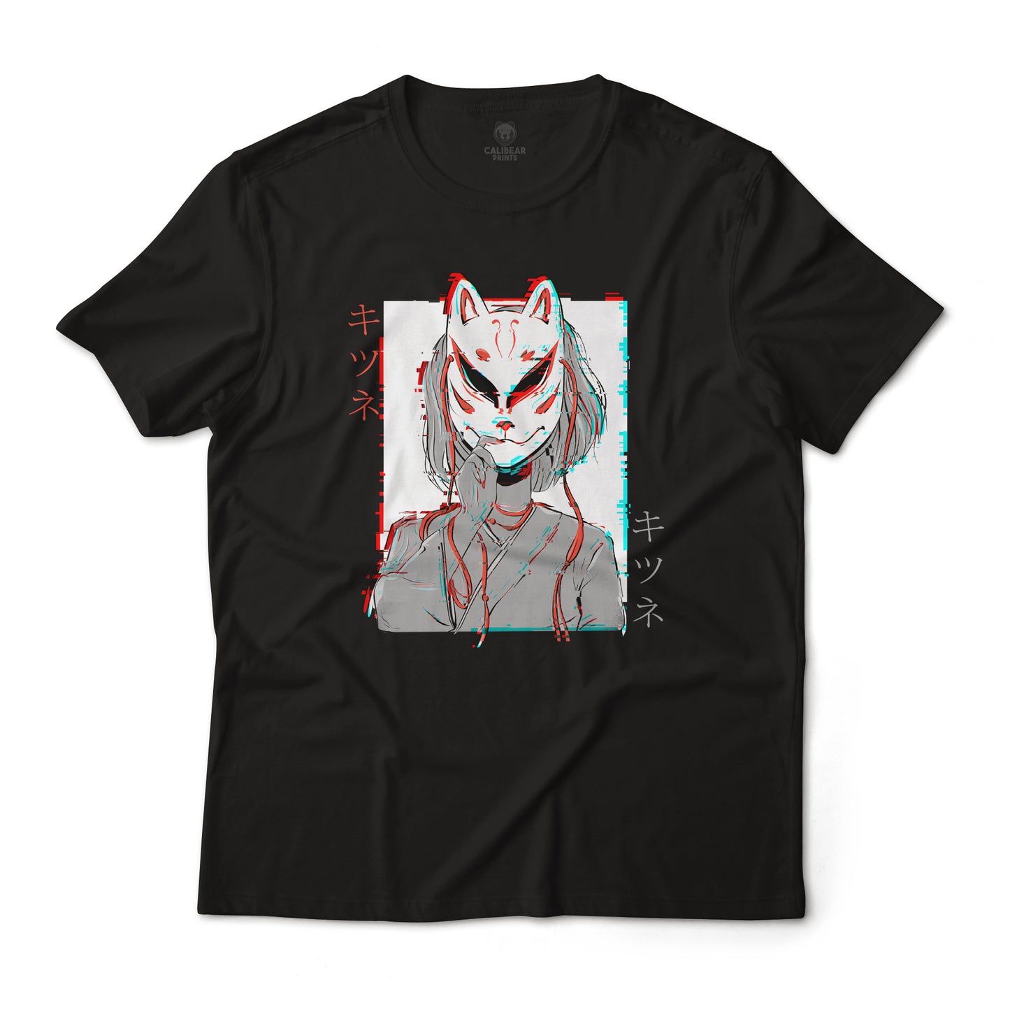 Glitched Kitsune Masked Anime Girl Graphic T-Shirt Lightweight Cotton Tee