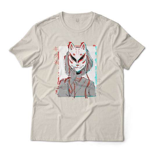 Glitched Kitsune Masked Anime Girl Graphic T-Shirt Lightweight Cotton Tee