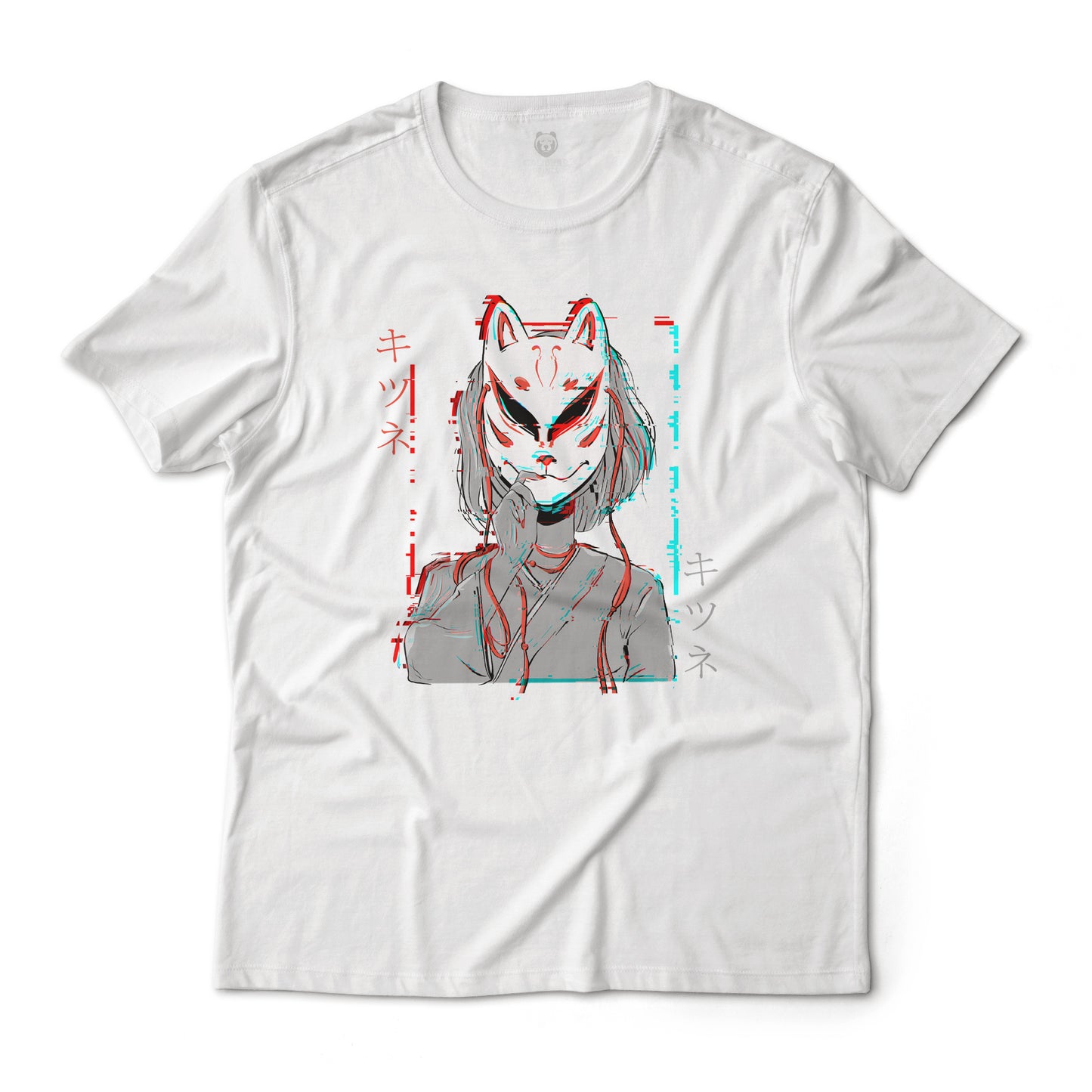 Glitched Kitsune Masked Anime Girl Graphic T-Shirt Lightweight Cotton Tee