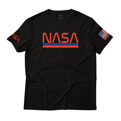 NASA Worm Logo with USA Flag Sleeve Print Graphic Art T-Shirt