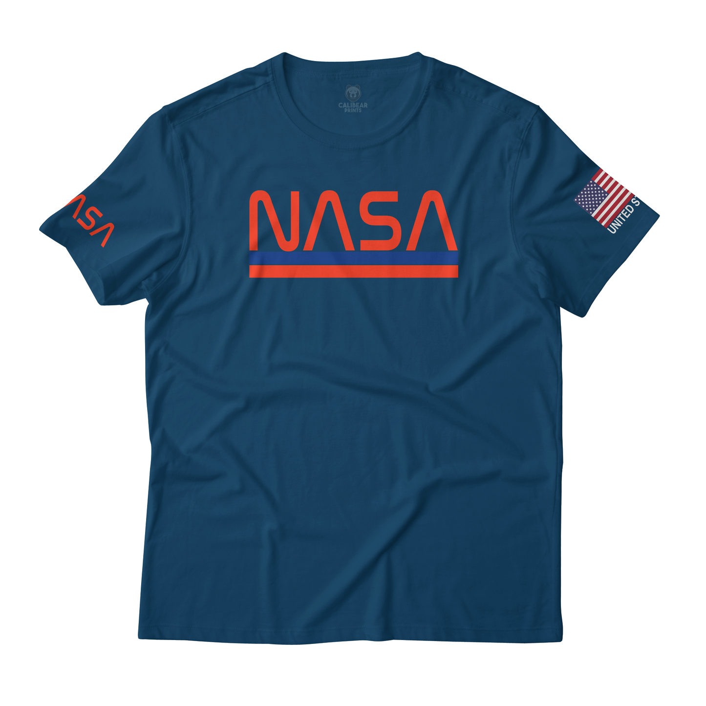 NASA Worm Logo with USA Flag Sleeve Print Graphic Art T-Shirt