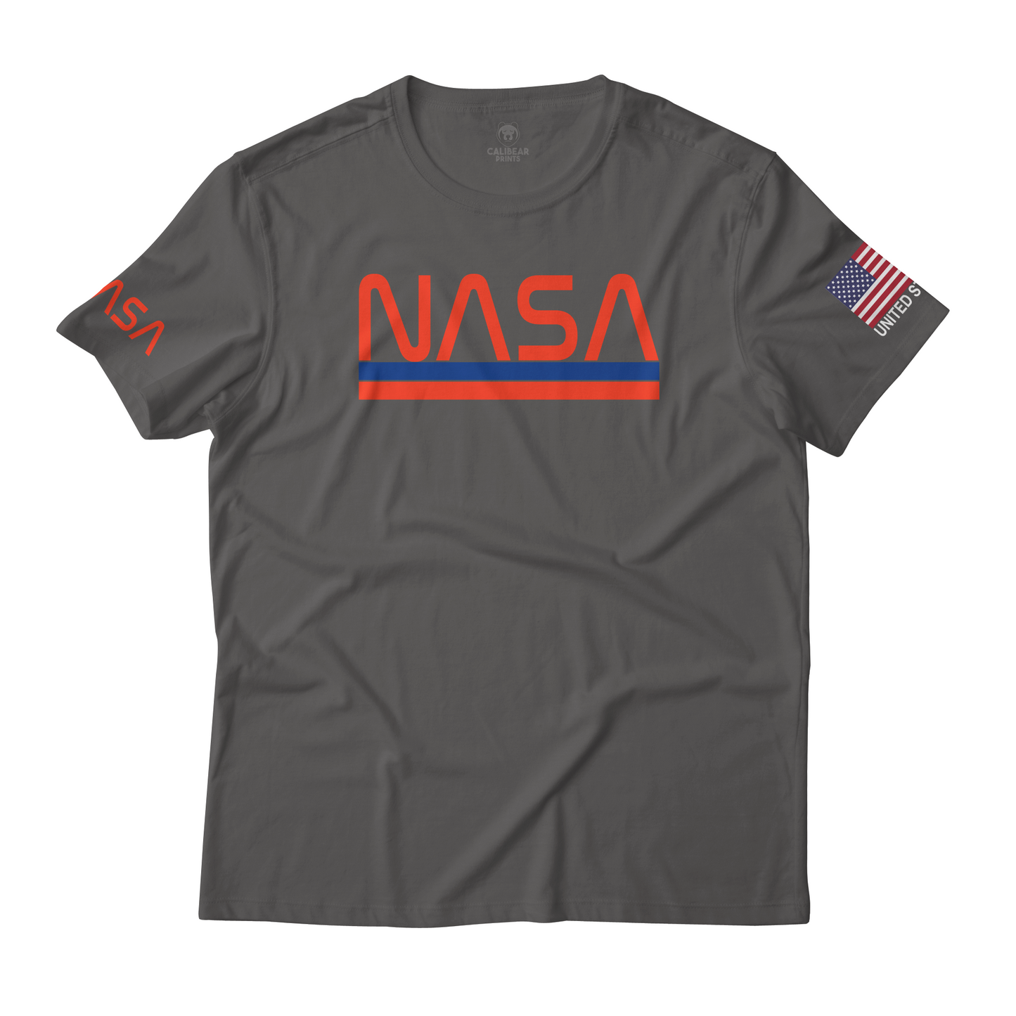 NASA Worm Logo with USA Flag Sleeve Print Graphic Art T-Shirt