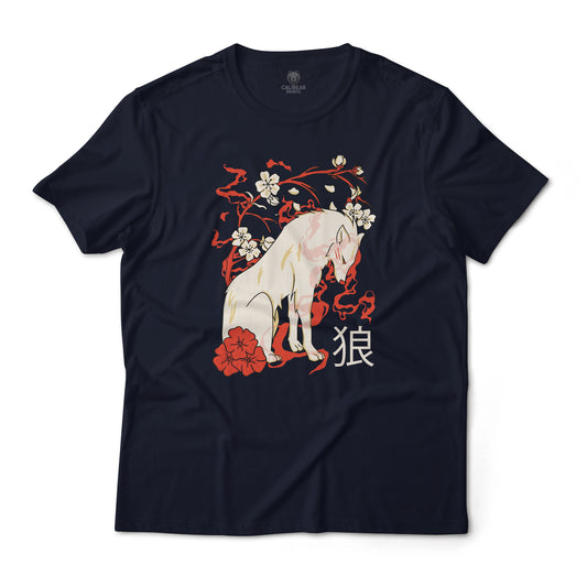 Japanese Floral White Wolf Ōkami Japanese Theme Graphic Tee