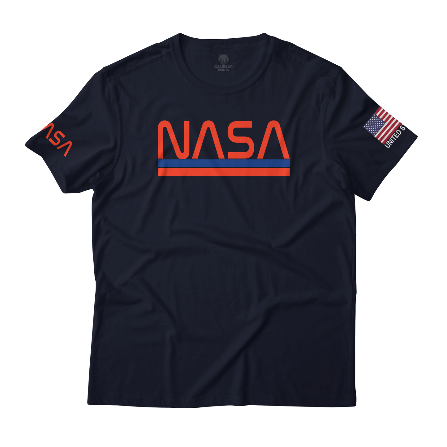 NASA Worm Logo with USA Flag Sleeve Print Graphic Art T-Shirt